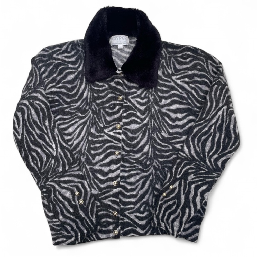 Kasper Black and Gray Zebra Print cardigan lambswool Y2K small Black Fur Collar